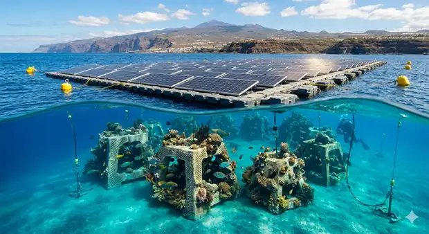 FV Playa Quemada — Aquavoltaics, paneles solares flotantes con ecosistema de repoblación marina, Lanzarote